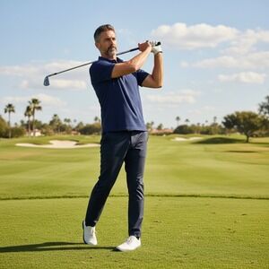 RLX Ralph Lauren Polo Shirt Mens 2XL Navy Blue Stretch Side Slit High Low Hem